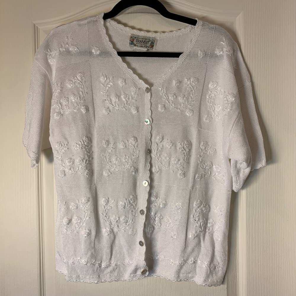 Vintage Transit Romantique White Floral Embroidered Knit Cardigan Hong Kong L 80
